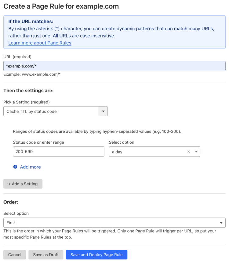 Example Page Rule with the ‘Cache TTL by status code’ setting