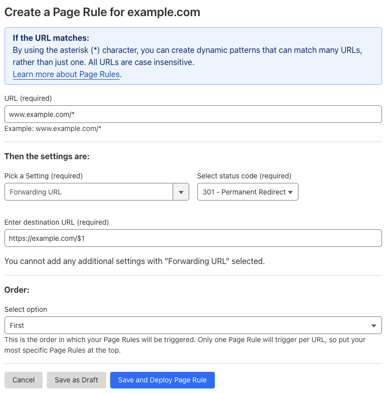 Example Page Rule with ‘Forwarding URL’ setting